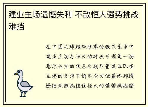 建业主场遗憾失利 不敌恒大强势挑战难挡